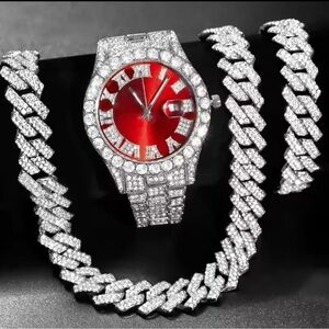 Cuban Link Rhinestone Necklace and Watch Set
